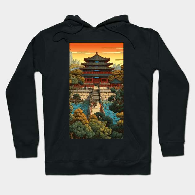 Ethereal East: Intricate Pagoda Landscapes Hoodie by Scorpio Studio